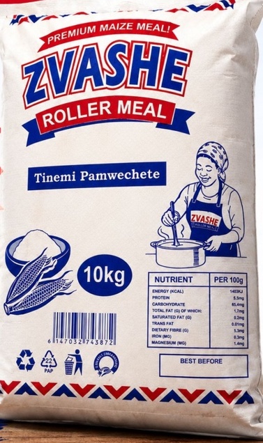 The supplied Zvashe Roller Meal 10 kg bag, with its original red-and-navy branding and cooking illustration.